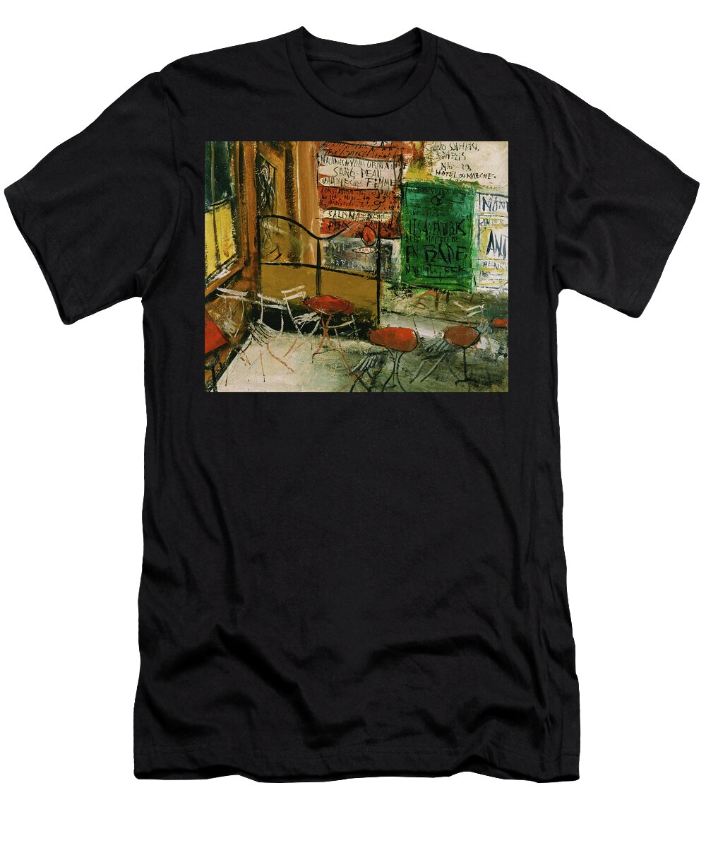 Art T-Shirt featuring the painting Cafe Terrace With Posters #1 by Mountain Dreams
