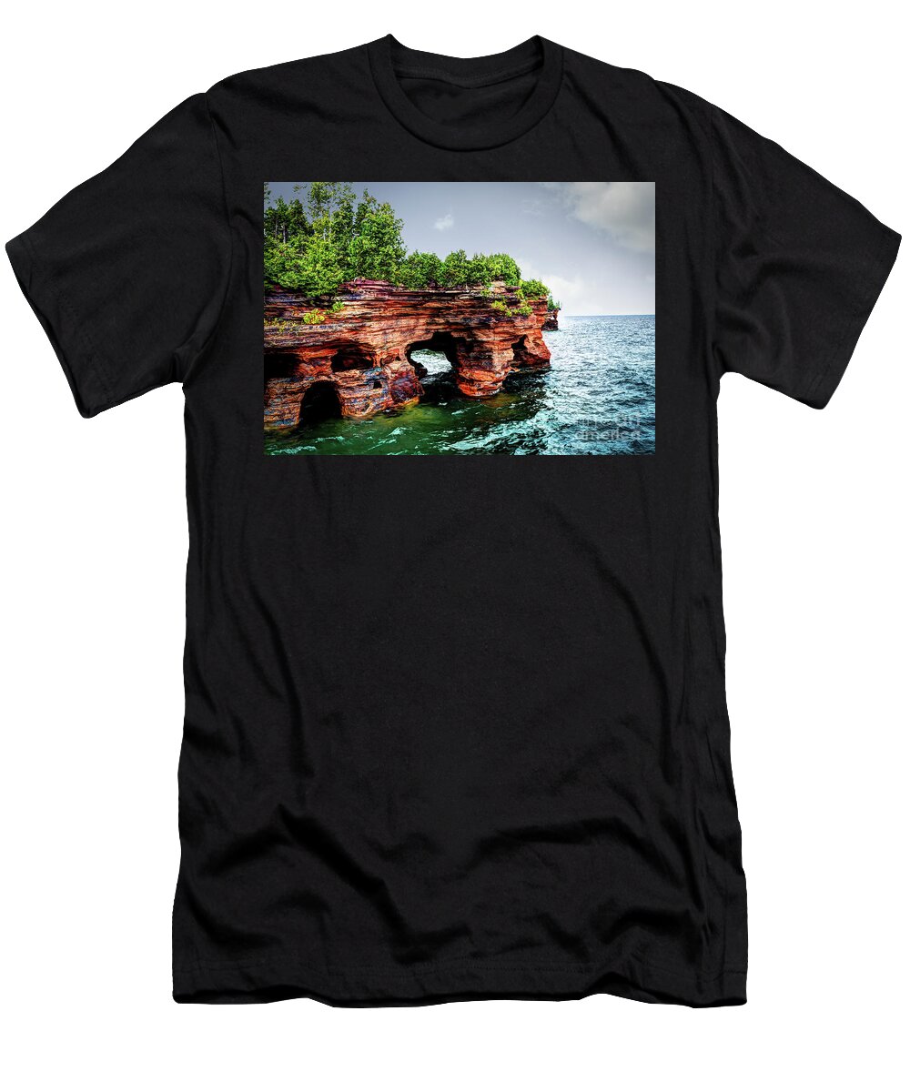 Lake T-Shirt featuring the photograph Devil's Island Sea Caves #1 by Deborah Klubertanz