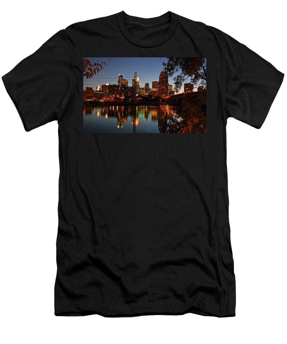 Minneapolis T-Shirt featuring the photograph Downtown Minneapolis at Night #1 by Angie Schutt