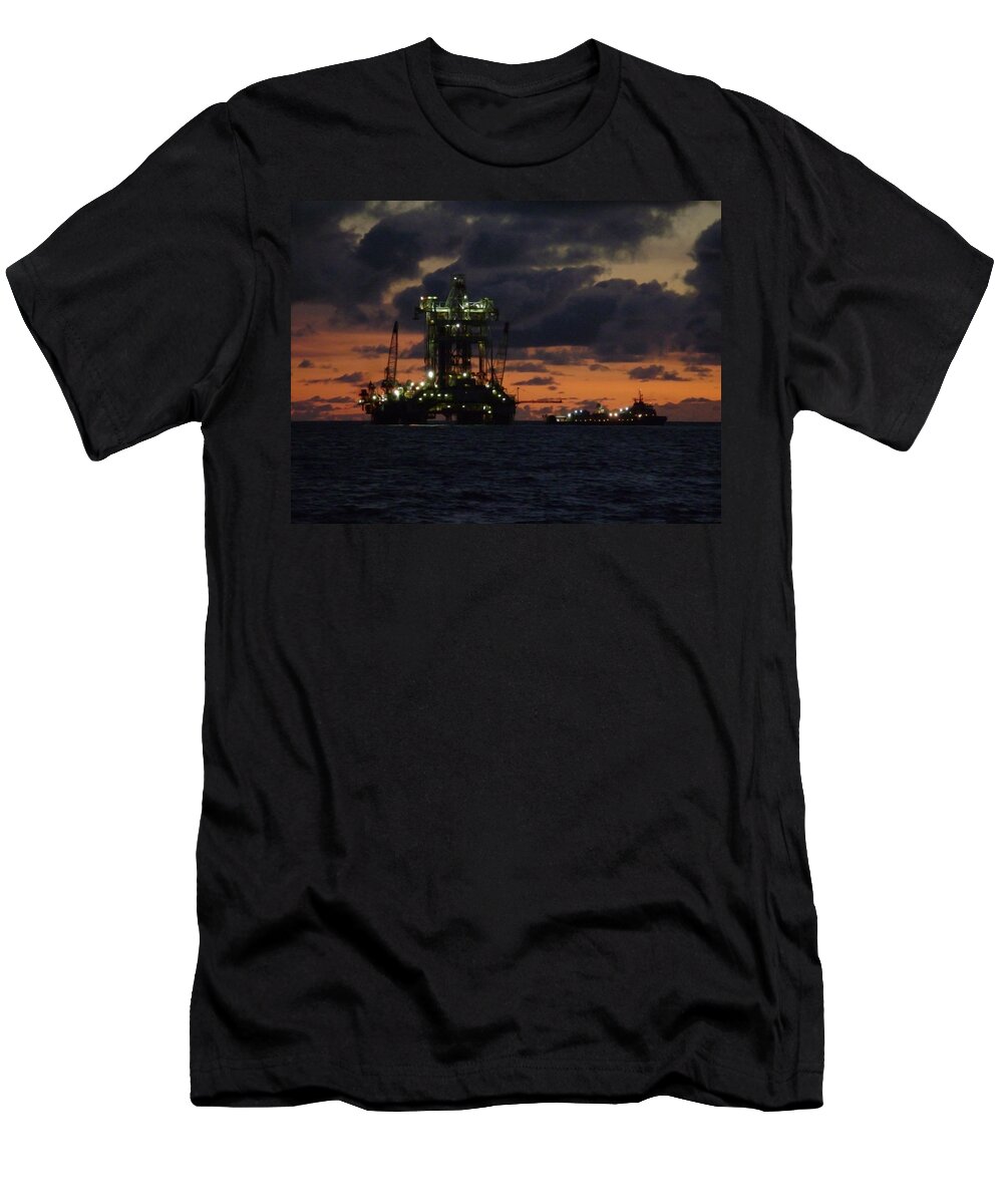 Off Shore T-Shirt featuring the photograph Drill Rig at Dusk by Charles and Melisa Morrison