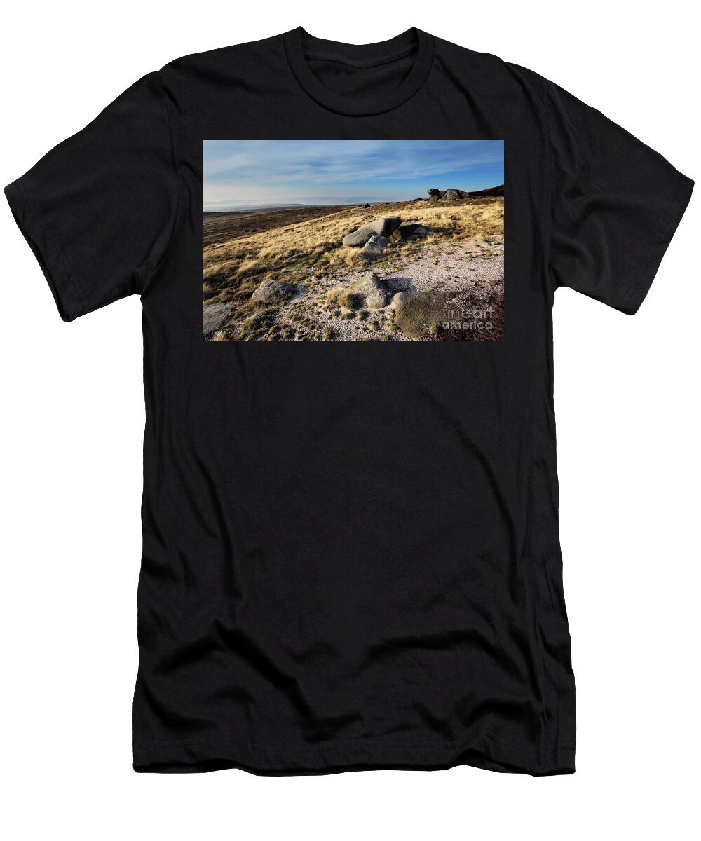 Gritstones T-Shirt featuring the photograph Gritstone rocks on Shelf Moor, High Peak, Derbyshire, Peak Distr #1 by Dave Porter
