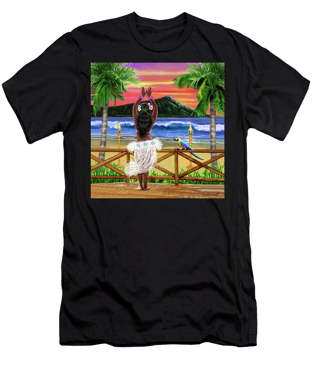 Hawaii T-Shirt featuring the digital art Hawaiian Sunset Hula #1 by Glenn Holbrook