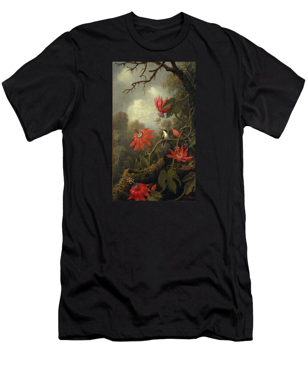 Martin Johnson Heade T-Shirt featuring the painting Hummingbird And Passionflowers #1 by Martin Johnson Heade