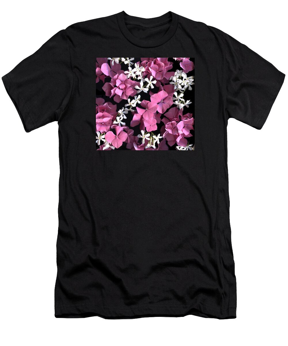 Pink Hydrangea And White Jasmine T-Shirt featuring the photograph Hydrangea and Jasmine #1 by Susan Rinehart