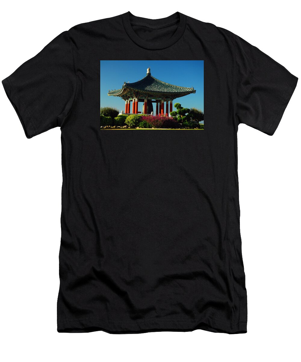 San T-Shirt featuring the photograph San Pedro Korean Peace Bell #1 by James Kirkikis