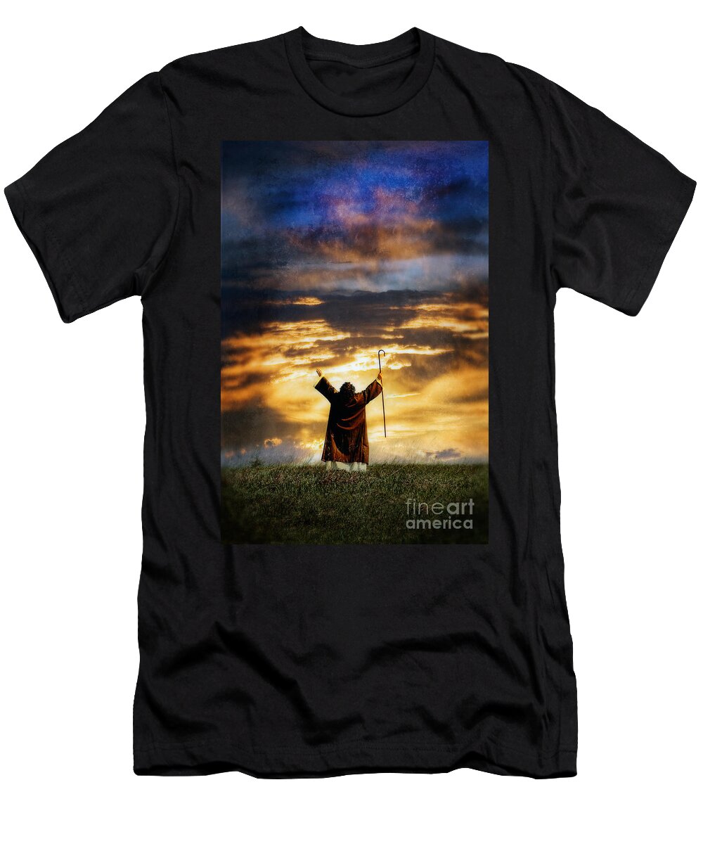 Shepherd T-Shirt featuring the photograph Shepherd Arms Up in Praise #1 by Jill Battaglia