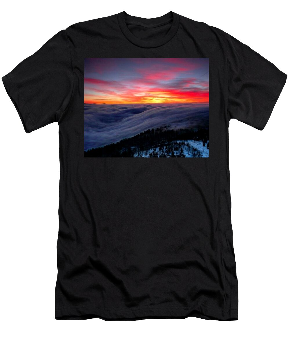 Landscape T-Shirt featuring the painting Sunrise From Mountaintop #1 by Troy Caperton