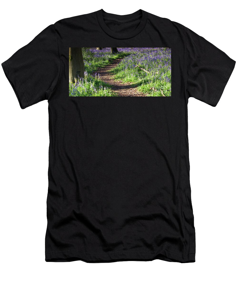 Norfolk T-Shirt featuring the photograph Norfolk, England sunrise path through bluebell woods by Simon Bratt