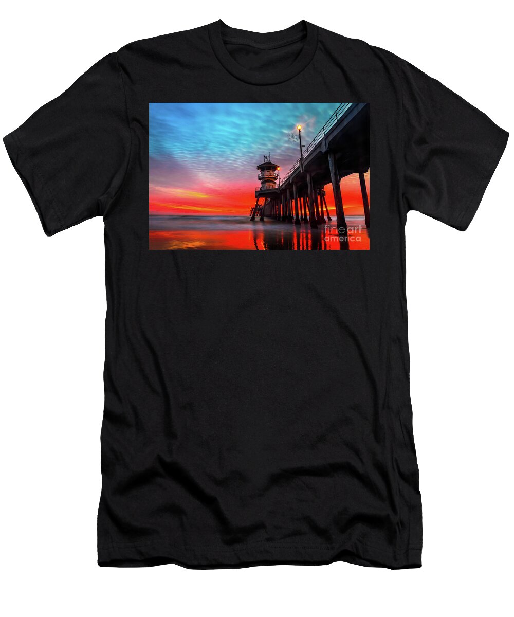 Ruby’s T-Shirt featuring the photograph Sunset at Huntington Beach Pier #1 by Peter Dang