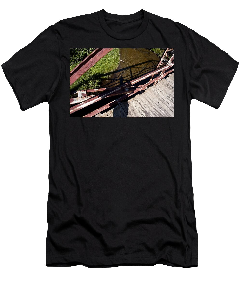 Bridge T-Shirt featuring the photograph Water Under The Bridge Shadow #1 by Steven Dunn