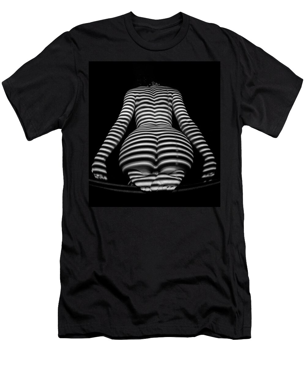 Zebra Woman T-Shirt featuring the photograph 1249-MAK Zebra Woman Rear View Striped Sexy Nude by Chris Maher