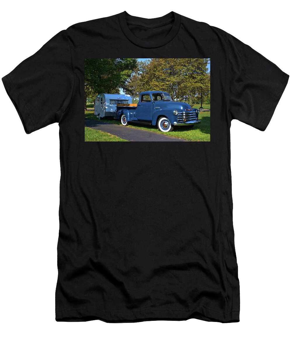 1950 T-Shirt featuring the photograph 1950 Chevrolet Pickup Truck with Camper Trailer by Tim McCullough