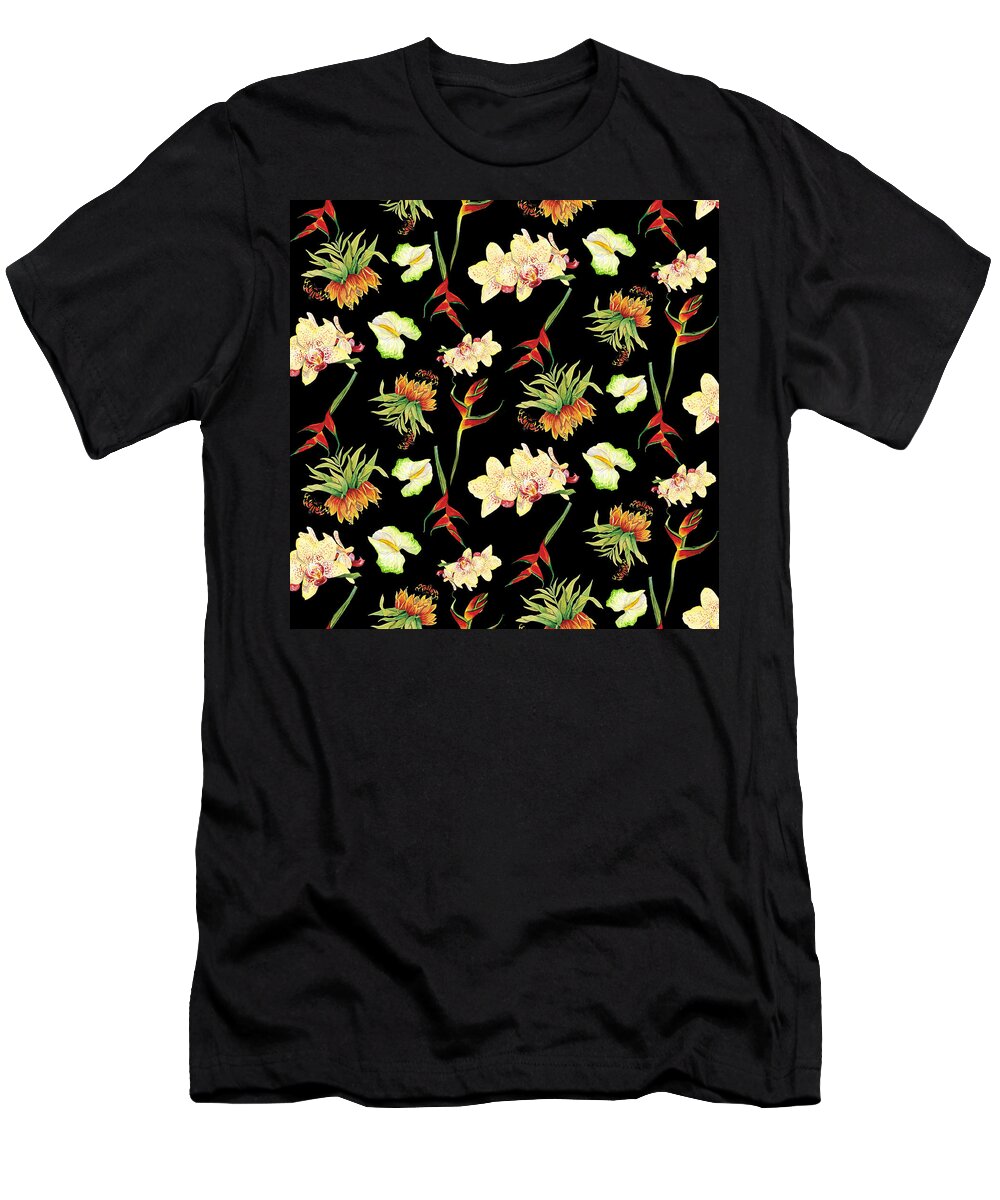 Orchid T-Shirt featuring the painting Tropical Island Floral Half Drop Pattern by Audrey Jeanne Roberts
