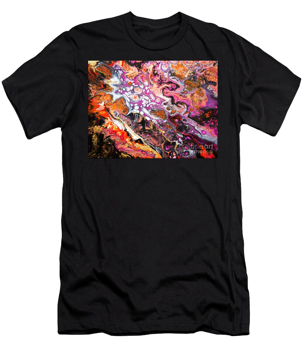 Energic Compelling Abstract Patterns Dramatic Colorful Contemporary Fun Dynamic Vibrant Orange-pink Black White Yellow Purple T-Shirt featuring the painting #2052 #2052 by Priscilla Batzell Expressionist Art Studio Gallery