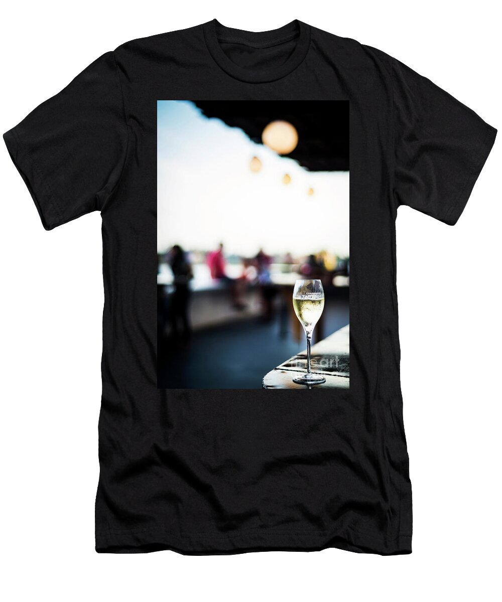 Alcohol T-Shirt featuring the photograph Glass Of Champagne At Modern Outdoor Bar At Sunset #3 by JM Travel Photography