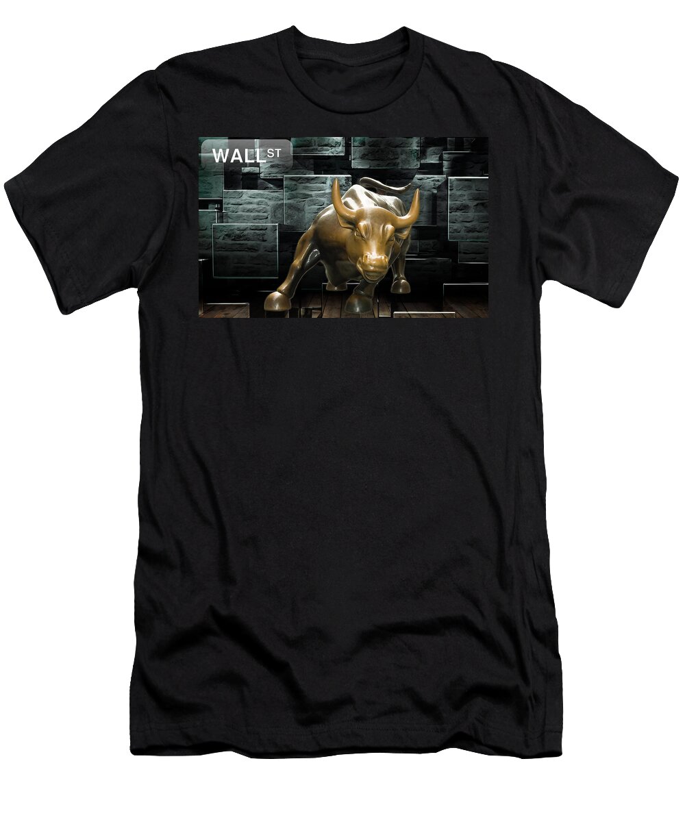 Wall Street Bull T-Shirt featuring the mixed media Wall Street #4 by Marvin Blaine