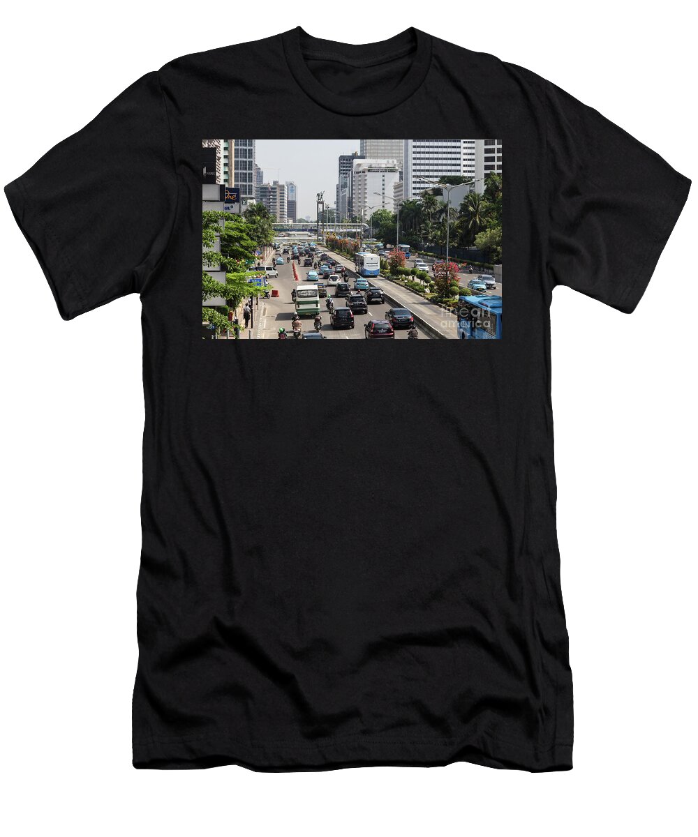 Capital Cities T-Shirt featuring the photograph Traffic along Sudirman avenue in Jakarta, Indonesia capital city #4 by Didier Marti