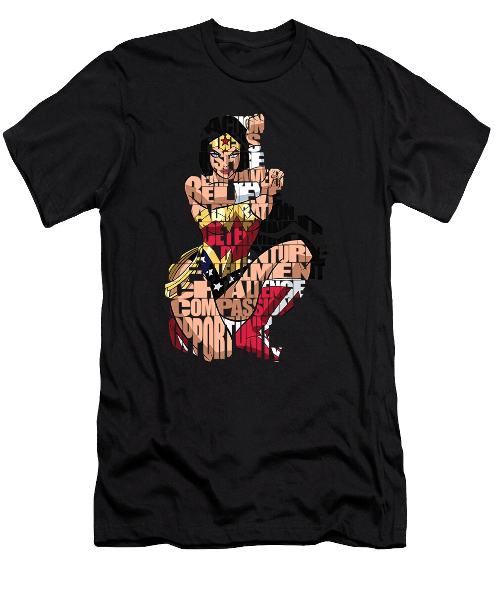 Wonder Woman T-Shirt featuring the mixed media Wonder Woman Inspirational Power and Strength Through Words #4 by Marvin Blaine
