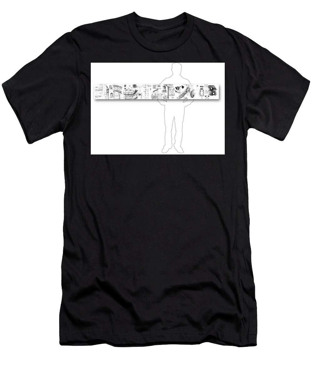Japan T-Shirt featuring the drawing 5.38.Japan-9-Horizontal-with-Figure by Charlie Szoradi