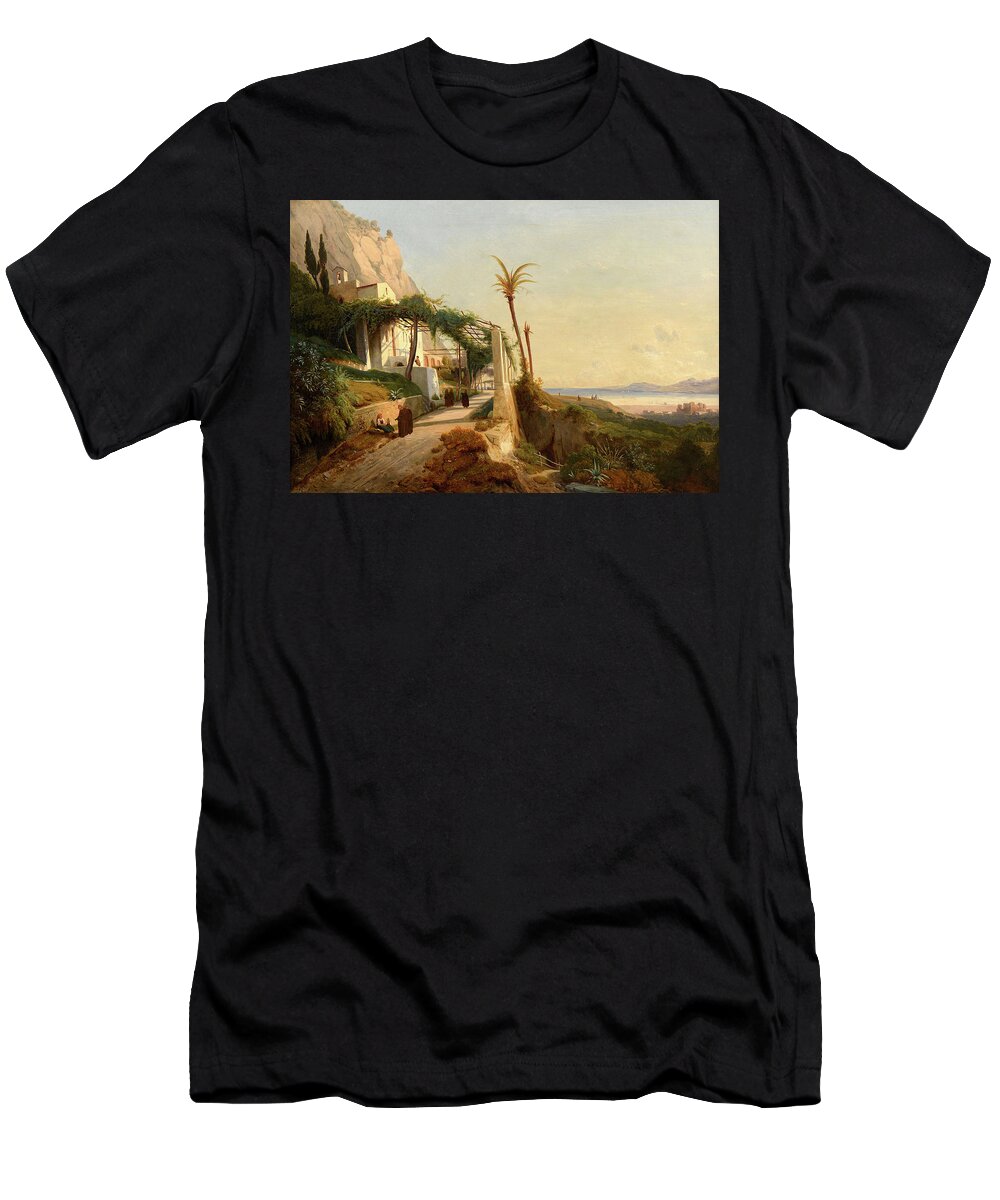 Auguste Lapito (1803-1874) Paysage De La Côte Amalfitaine Avec Des Moines Toile Rentoilée T-Shirt featuring the painting Paysage by MotionAge Designs