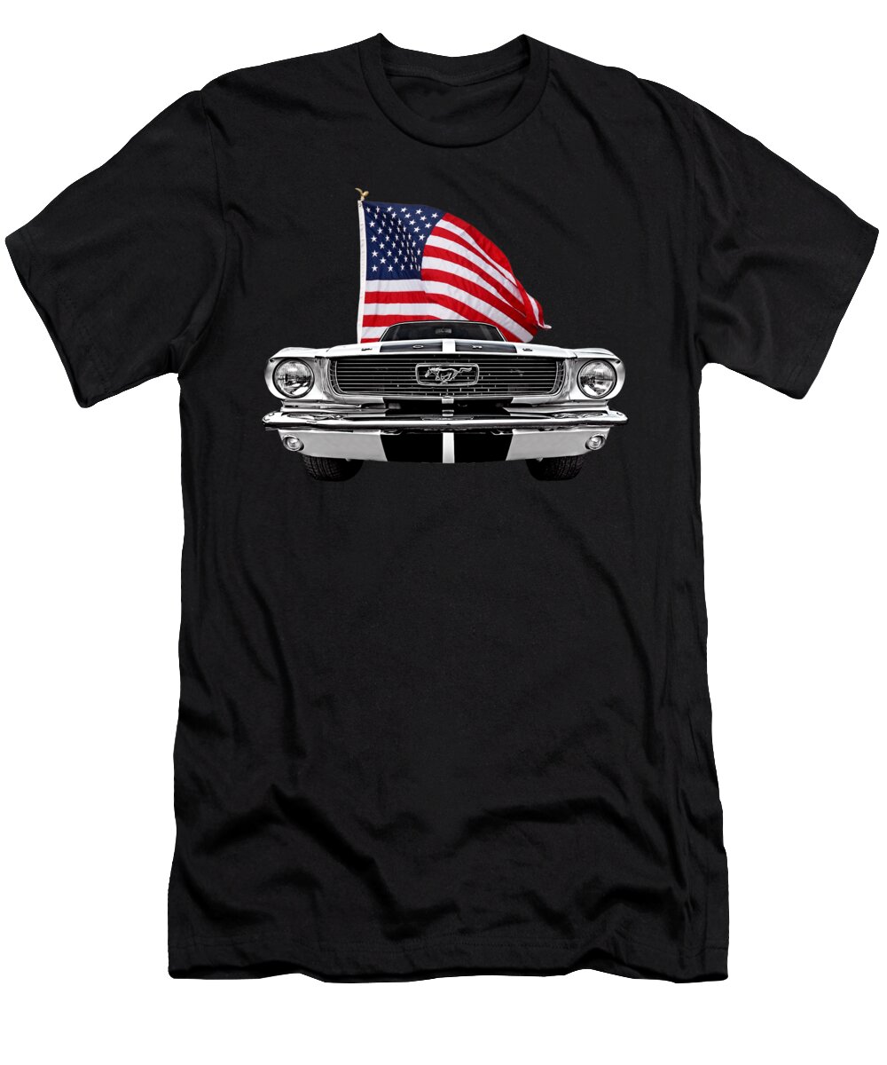 Ford Mustang T-Shirt featuring the photograph 66 Mustang With U.S. Flag On Black by Gill Billington
