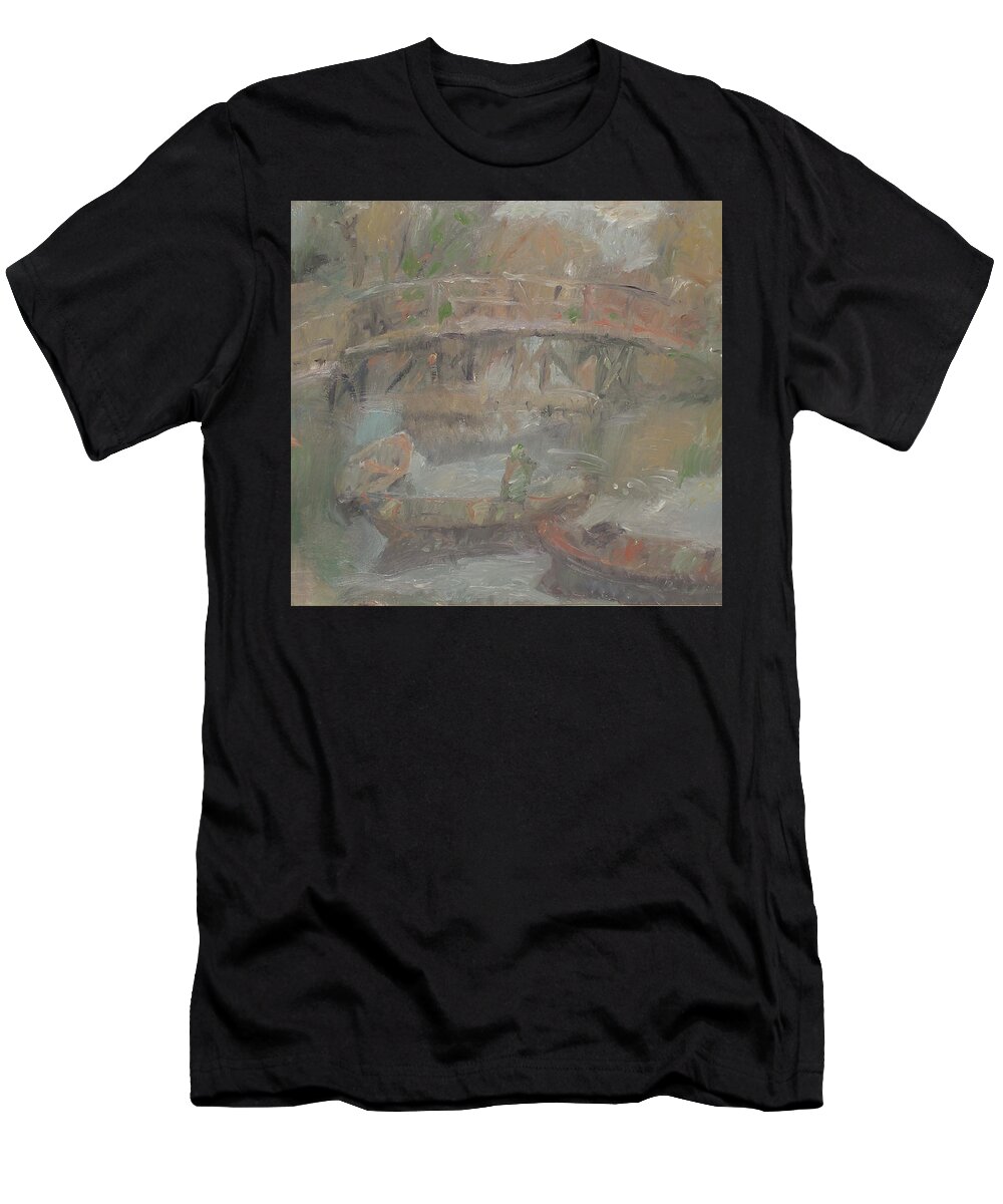 River T-Shirt featuring the painting Boats #17 by Robert Nizamov