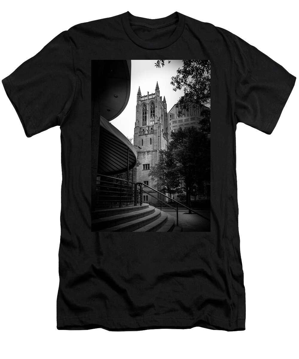 First United Methodist Church T-Shirt featuring the photograph A Charlotte Church Tower In Black and White by Greg and Chrystal Mimbs