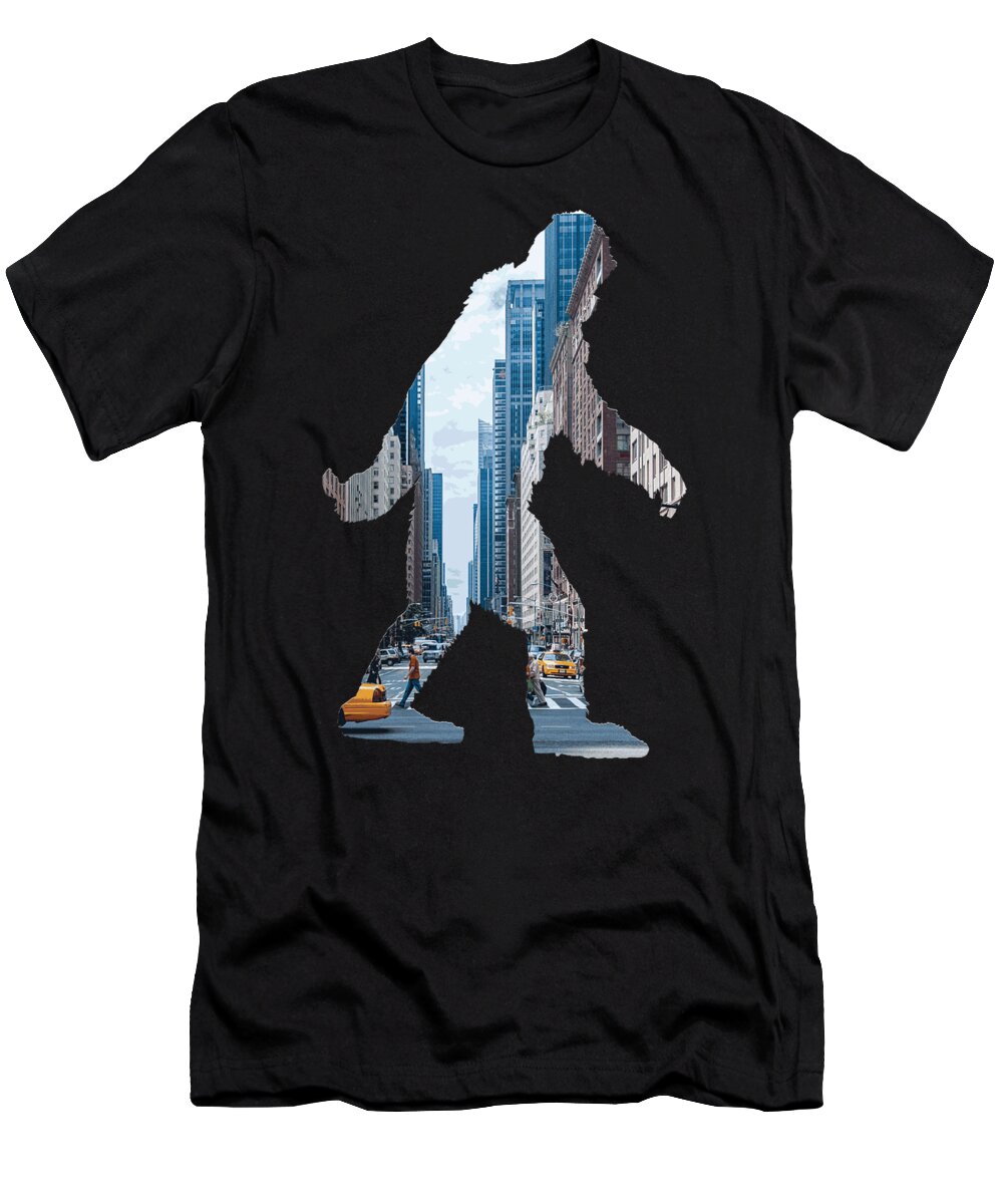 Sasquatch T-Shirt featuring the digital art A Sasquatch Bigfoot Silhouette in New York City by Garaga Designs