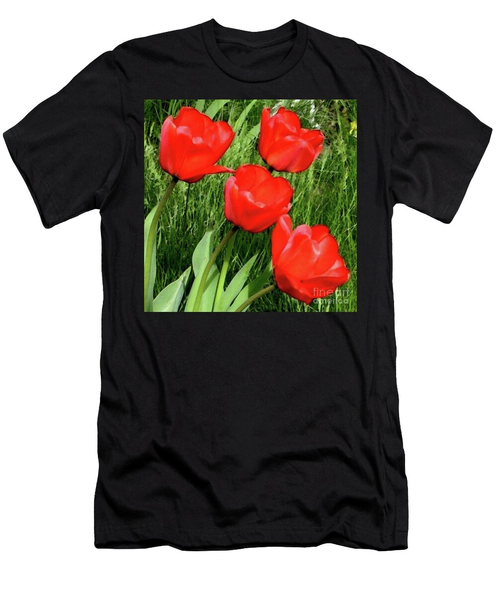 Four Red Tulips T-Shirt featuring the photograph A Welcome Surprise by Hazel Holland