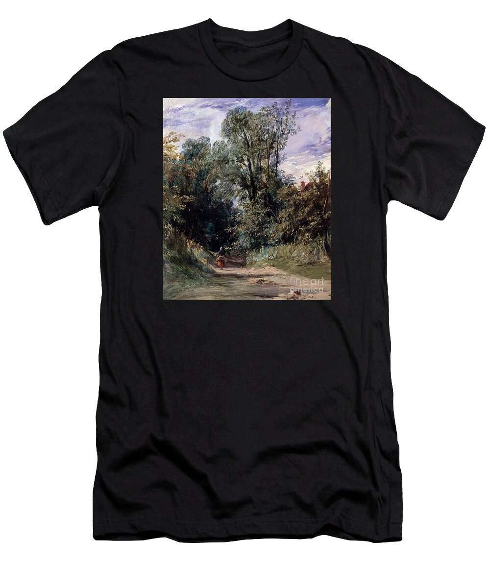 Richard Parkes Bonington - A Wooded Lane Ca. 1825. Forest T-Shirt featuring the painting A Wooded Lane by MotionAge Designs