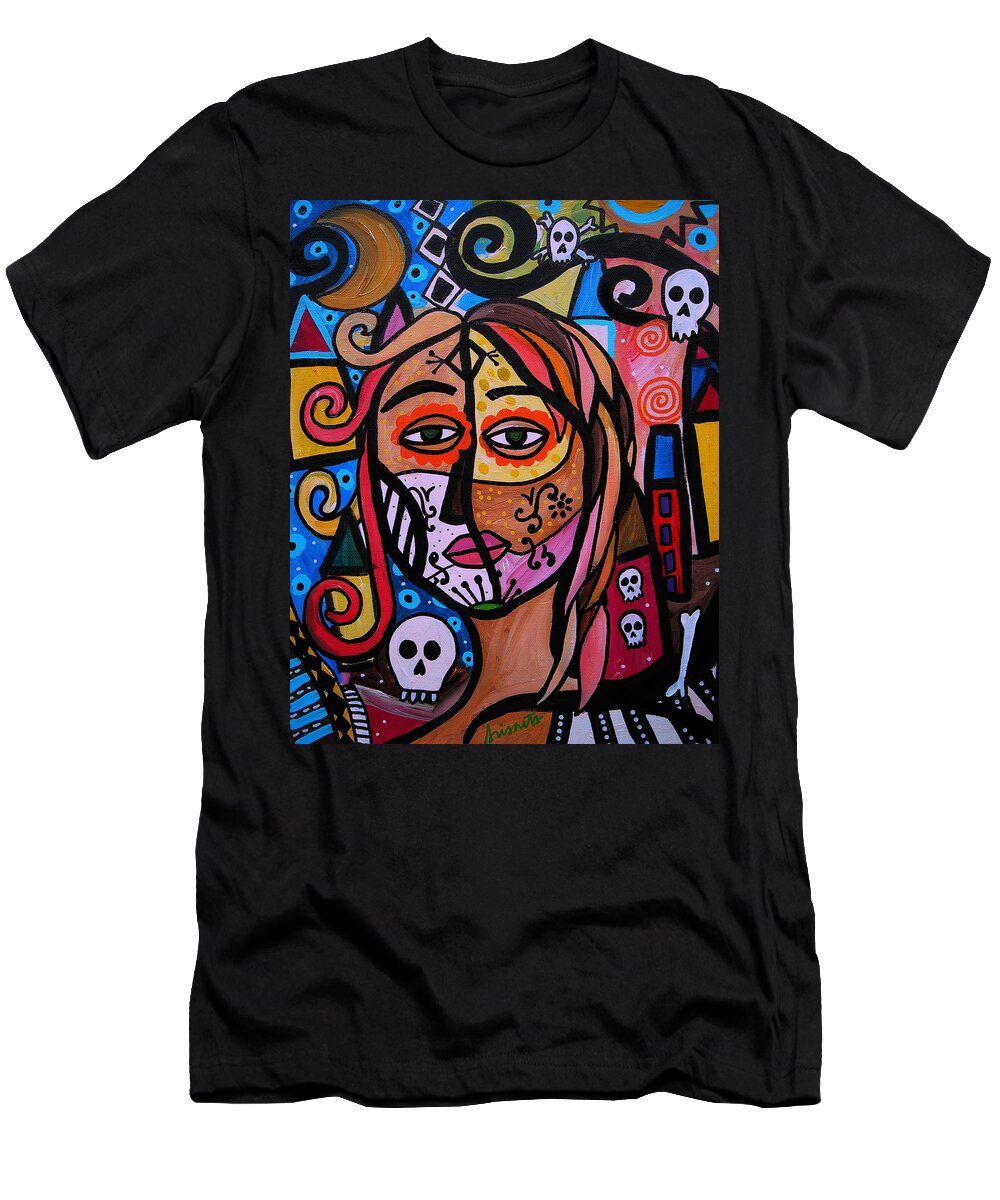 Dy Of The Dead T-Shirt featuring the painting Abstract Day Of The Dead by Pristine Cartera Turkus