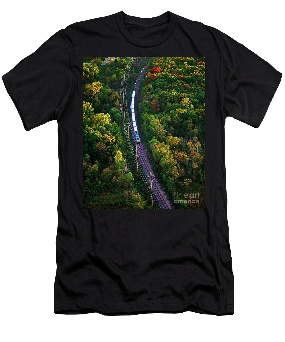 Aerial T-Shirt featuring the photograph Aerial of commuter train by Tom Jelen