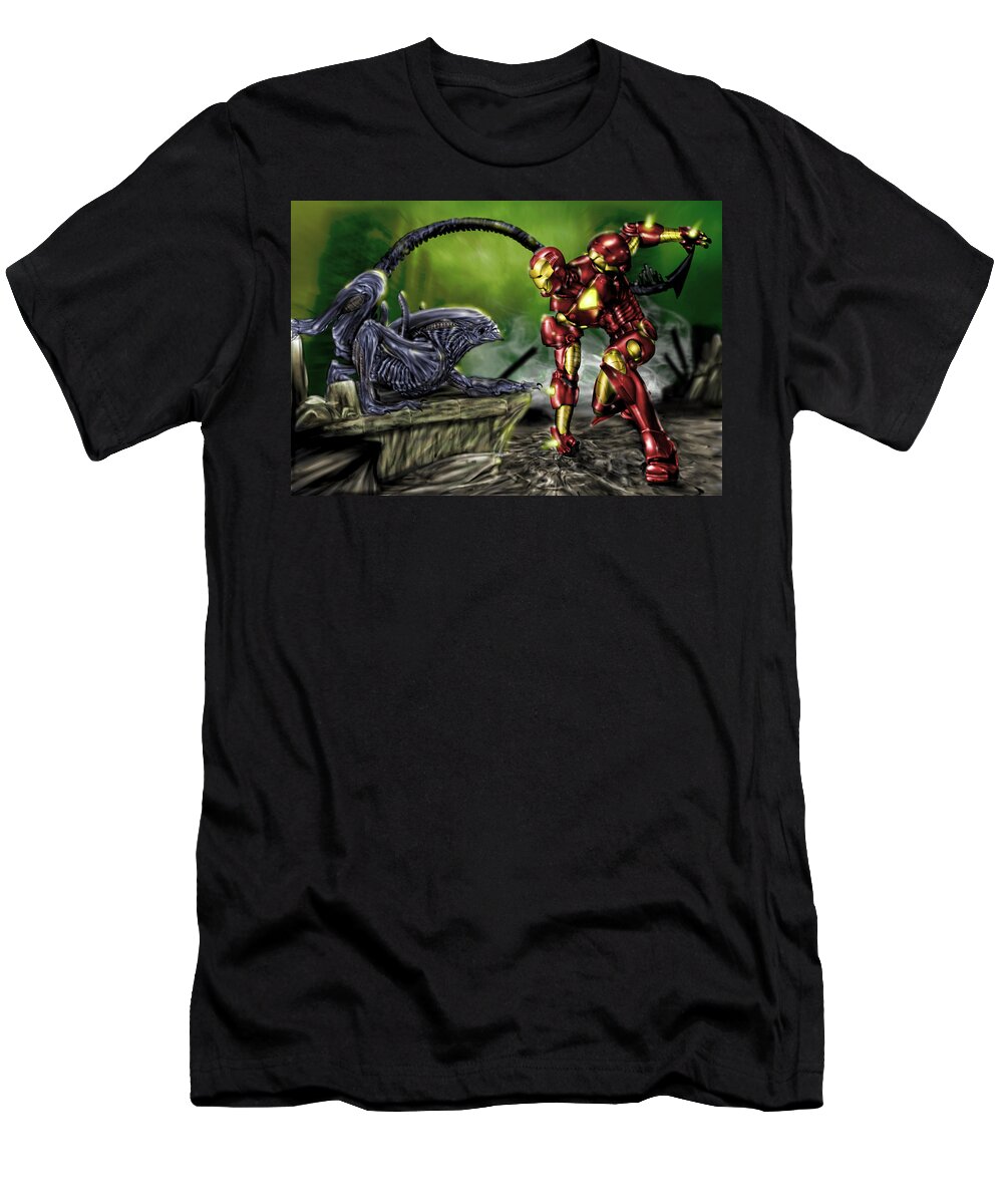 Alien T-Shirt featuring the painting Alien vs Iron Man by Pete Tapang