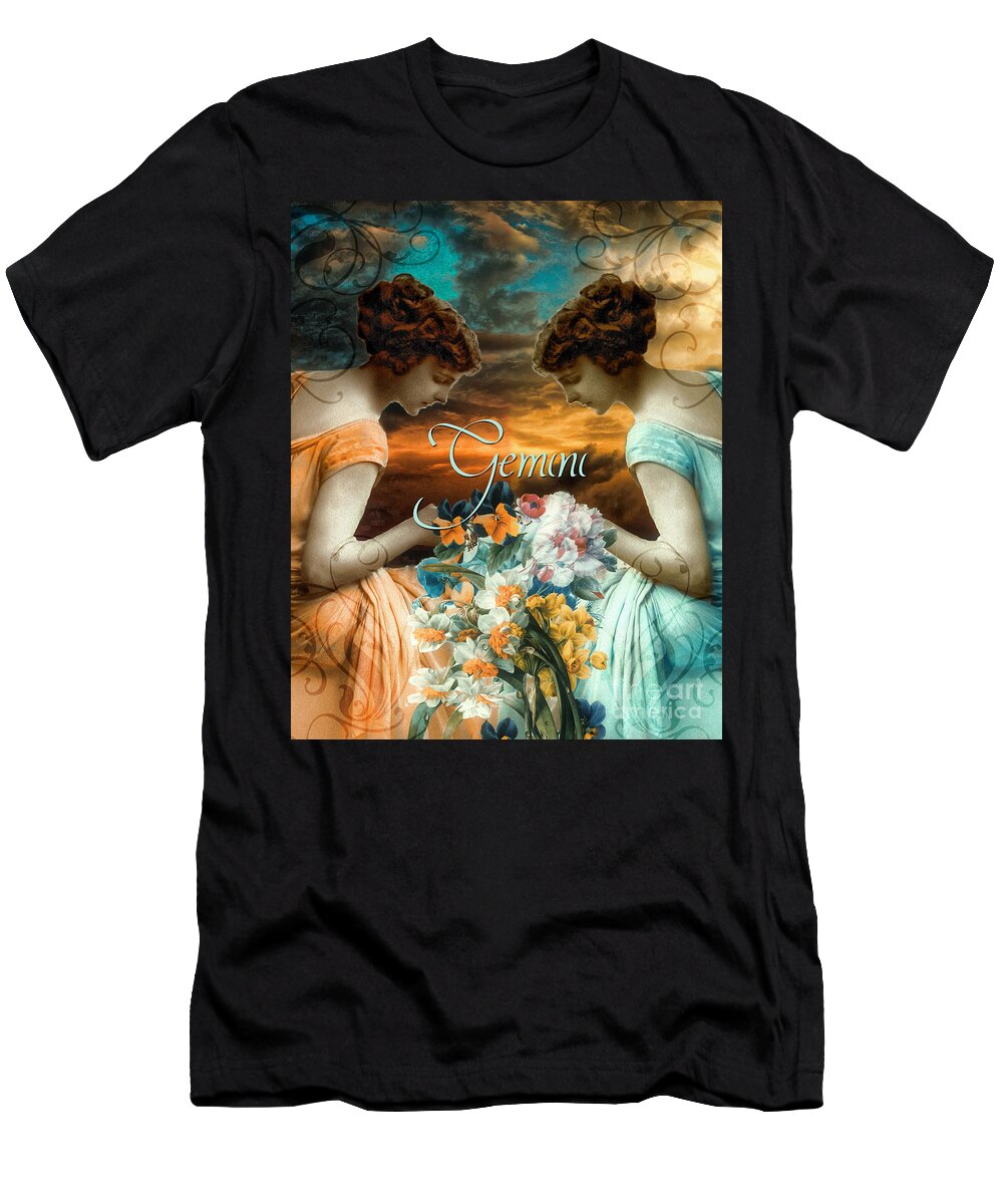 Gemini Twins T-Shirt featuring the painting Art Nouveau Zodiac Gemini by Mindy Sommers