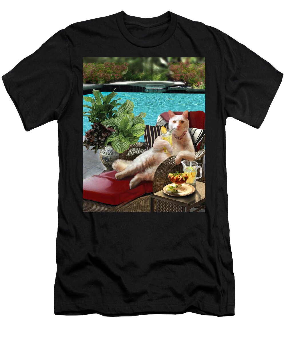 Funny White Cat With Tropical Drink In Paw T-Shirt featuring the painting Funny Pet Vacationing Kitty by Regina Femrite