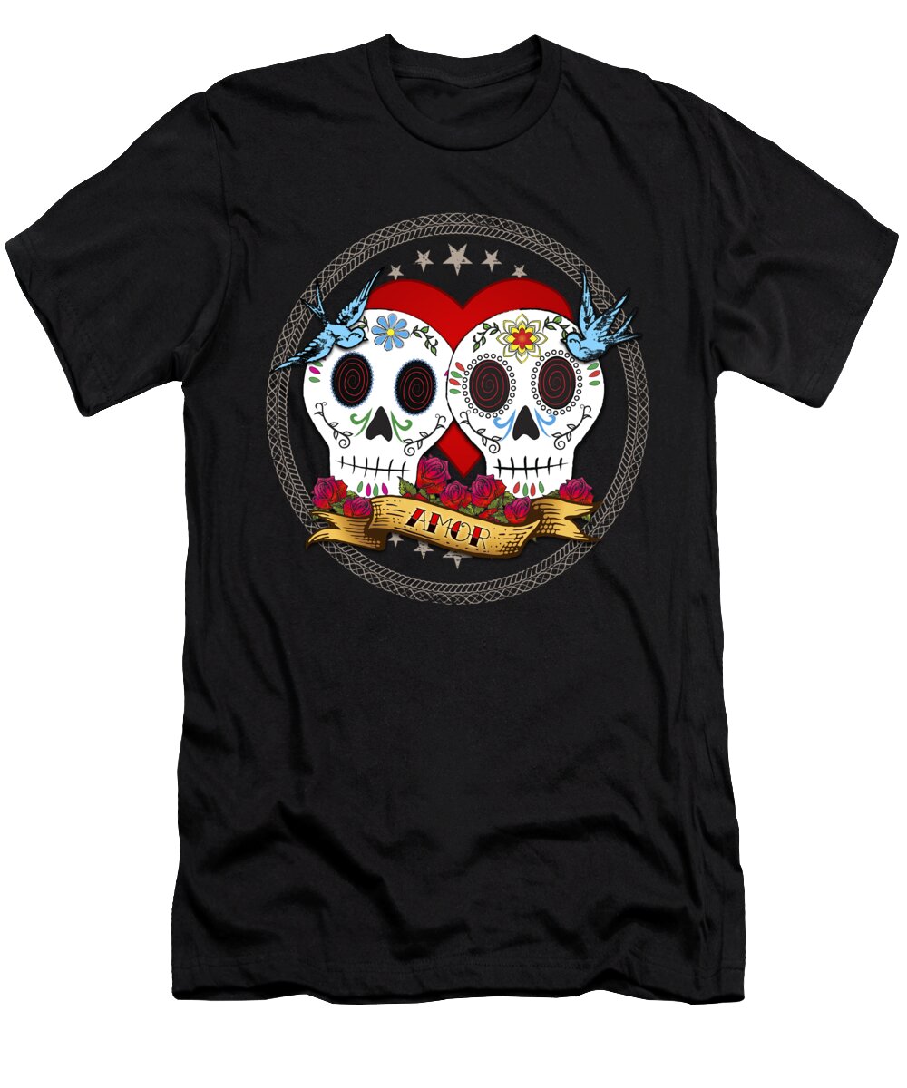Sugar Skull T-Shirt featuring the digital art Love Skulls II by Tammy Wetzel