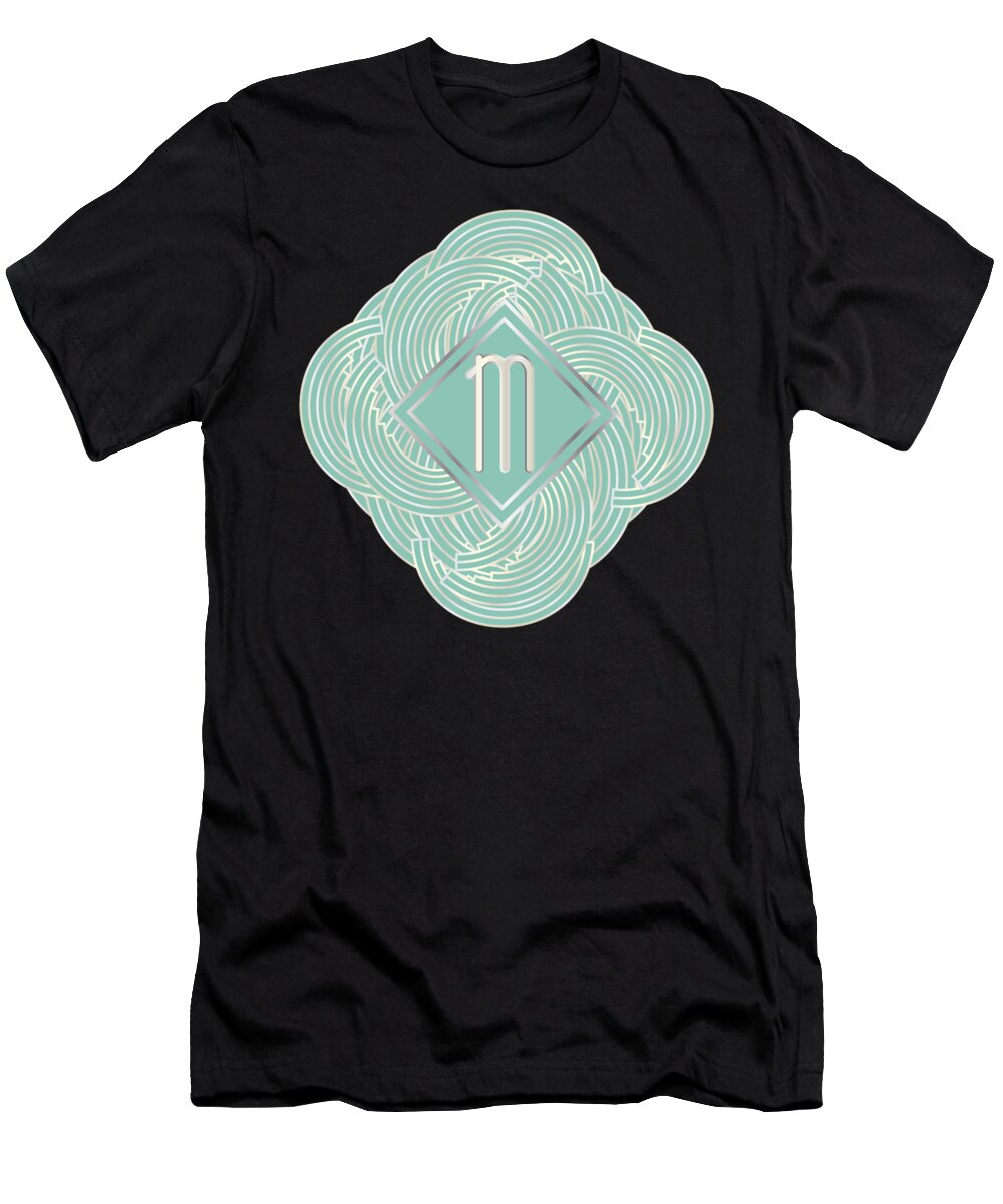 Monogrammed T-Shirt featuring the digital art 1920s Blue Deco Jazz Swing Monogram ...letter M by Cecely Bloom