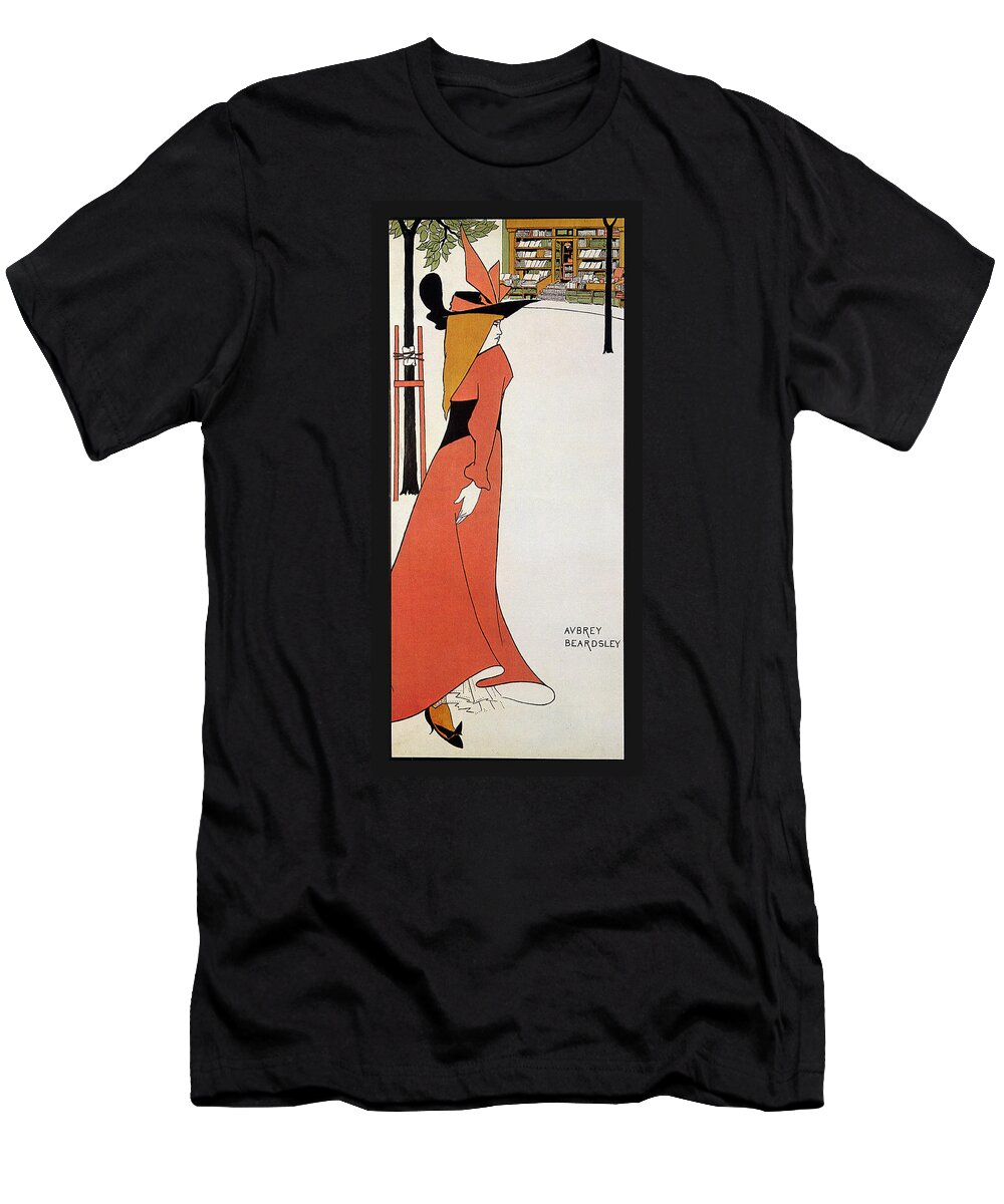 Aubrey Beardsley T-Shirt featuring the mixed media Aubrey Beardsley - Girl in Red Gown - Vintage Advertising Poster by Studio Grafiikka
