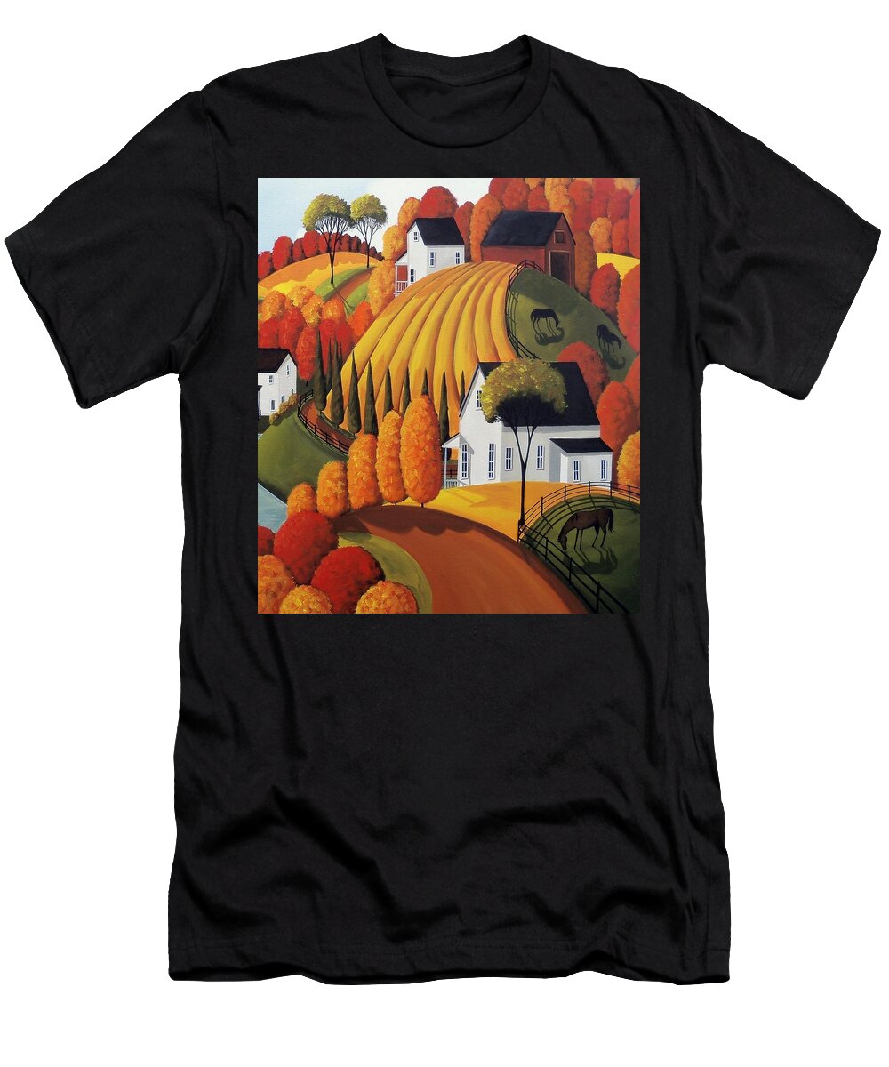 Landscape T-Shirt featuring the painting Autumn Glory - country modern landscape by Debbie Criswell