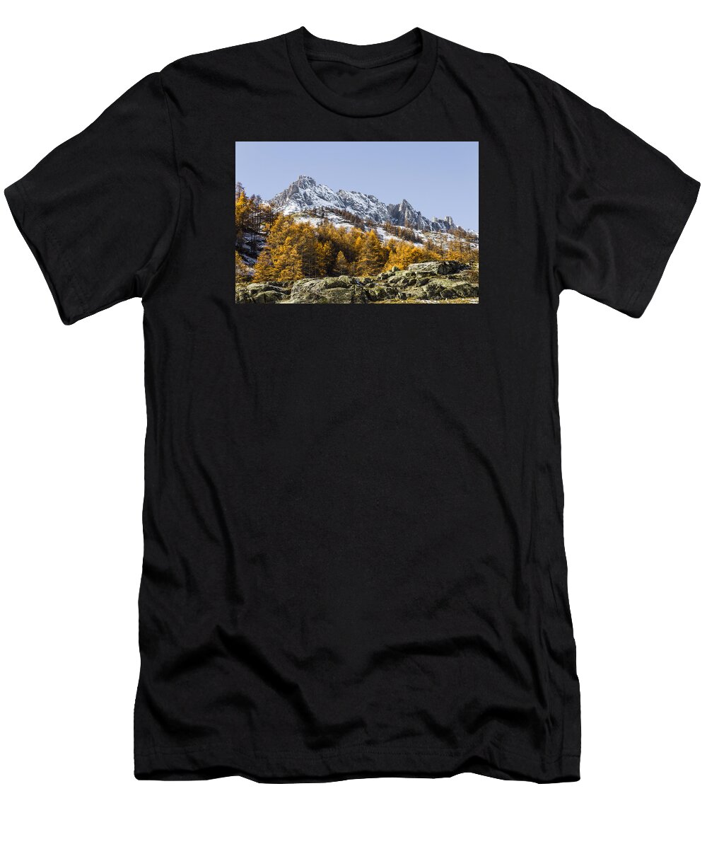 Mountain Landscape T-Shirt featuring the photograph Autumn in the French Alps by Paul MAURICE