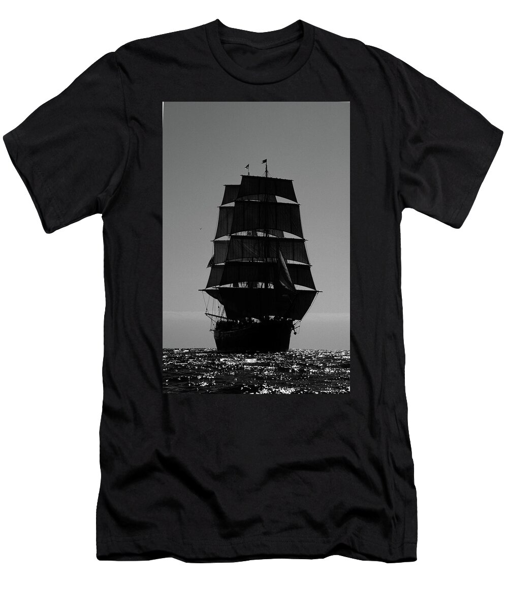 Black And White T-Shirt featuring the photograph Back lit Tall Ship by David Shuler