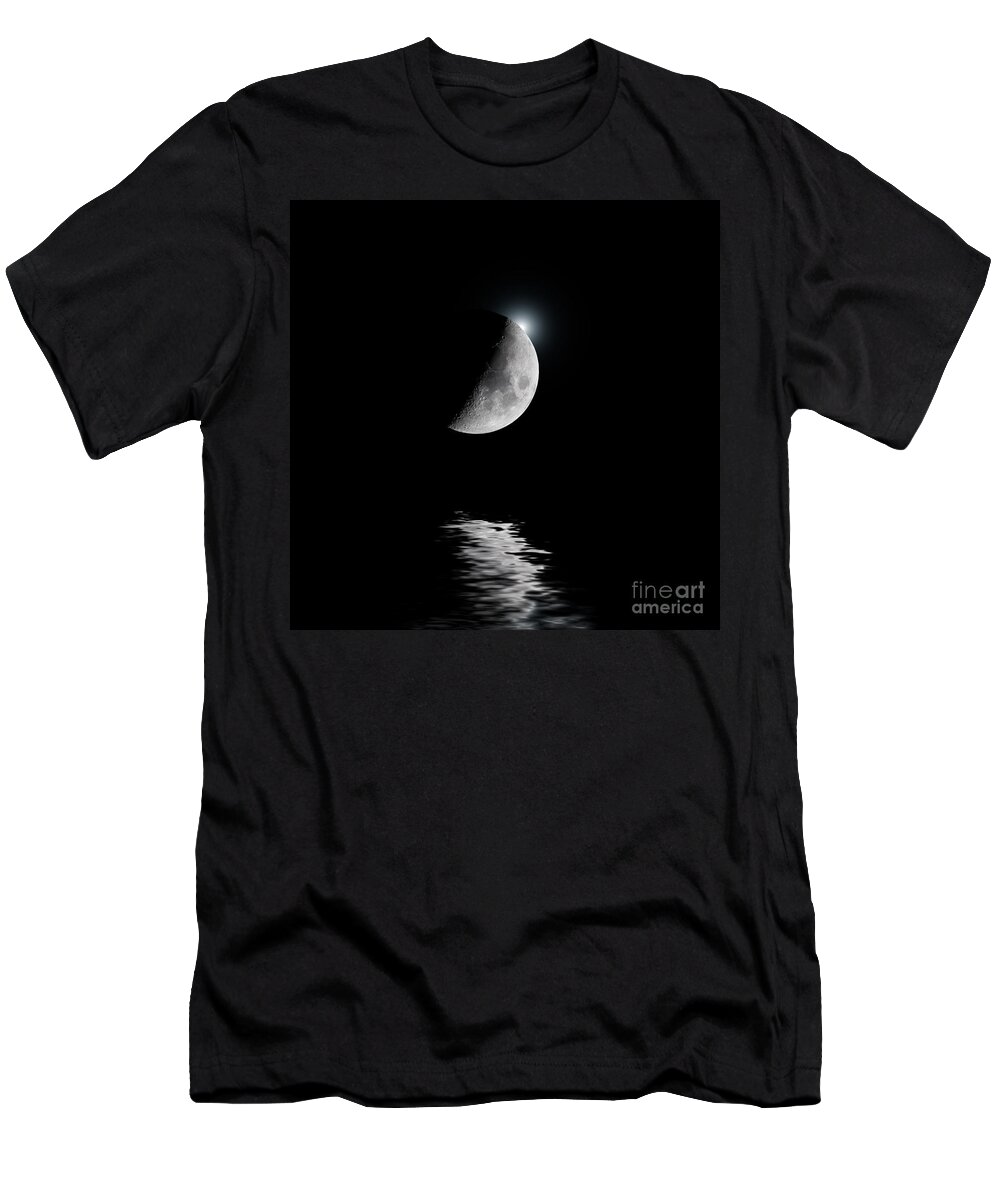 Astronomical T-Shirt featuring the photograph Backlit moon with white star over water by Simon Bratt