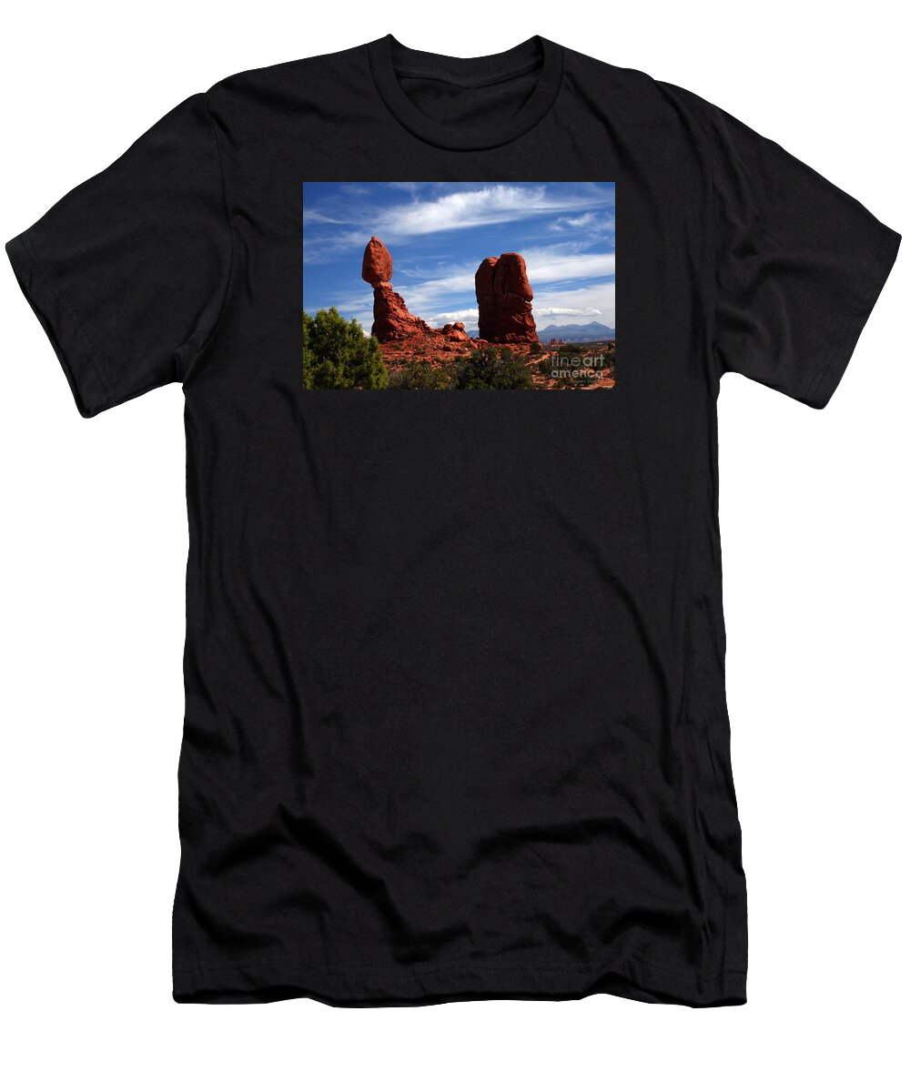 Balanced Rock T-Shirt featuring the painting Balanced Rock Arches National Park, Moab, Utah by Corey Ford