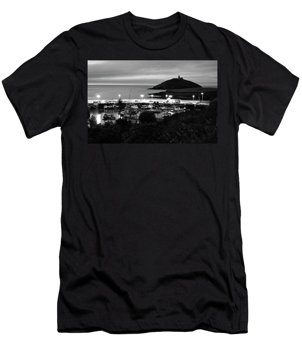 Travelpixpro Ireland T-Shirt featuring the photograph Ballycotton Ireland Marina Harbour and Lighthouse East County Cork Black and White by Shawn O'Brien