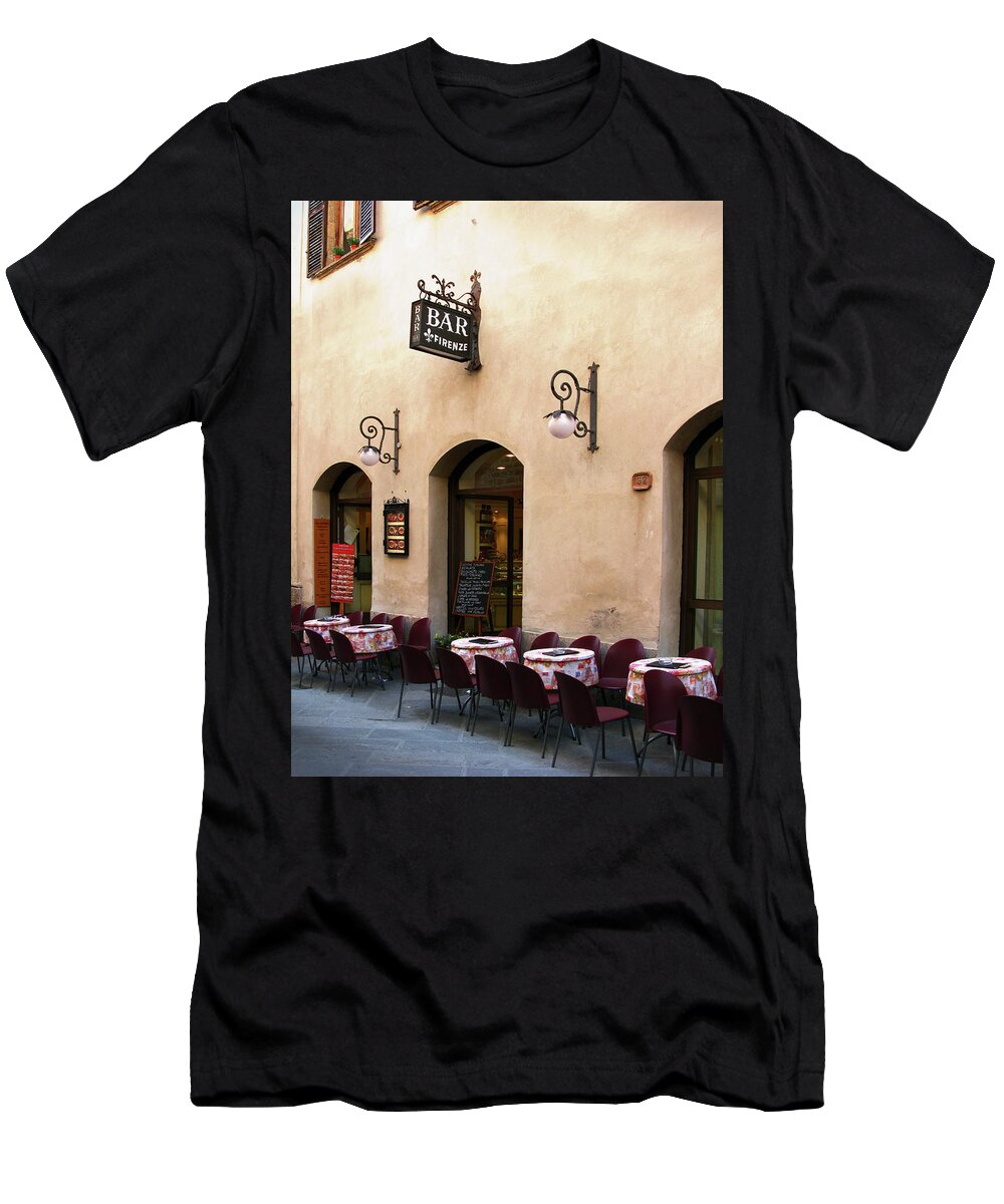 Street View T-Shirt featuring the photograph Bar Firenze, San Gimignano, Tuscany Italy by Lily Malor