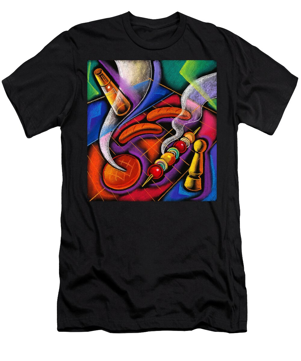 Barbecue Barbecue Grill Barbeque Bbq Close-up Colour Day Food And Drink Grilled Heat Illustration And Painting Nobody Outdoors Sausage Sausages Summer Vertical Decorative Art Abstract Painting T-Shirt featuring the painting Barbecue by Leon Zernitsky