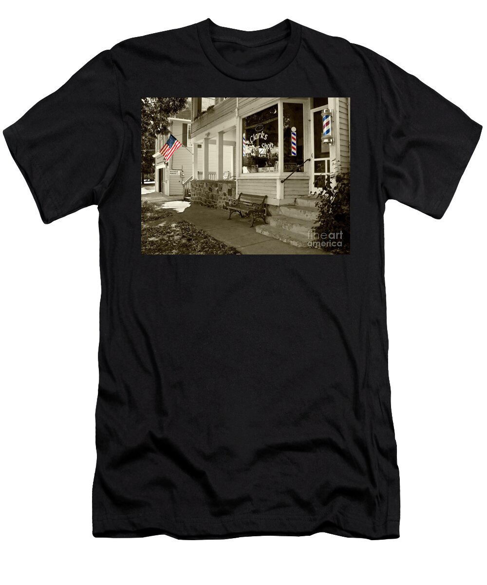 Flag T-Shirt featuring the photograph Clarks Barber Shop with Color by Tom Brickhouse