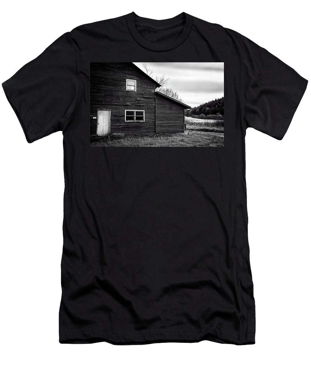 Barn T-Shirt featuring the photograph Barn And Wildflowers In Black and White by Greg and Chrystal Mimbs
