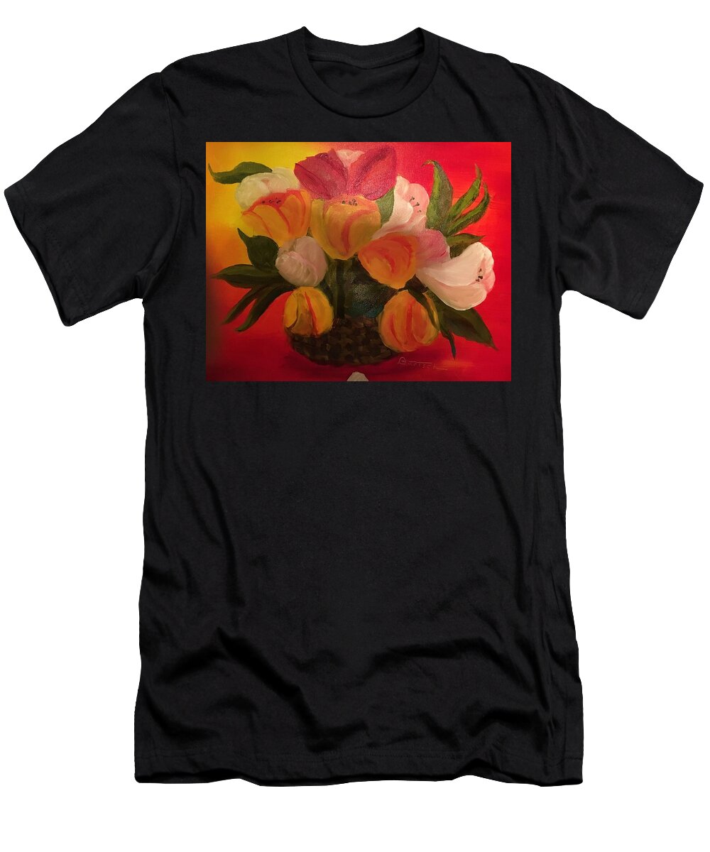 Basket T-Shirt featuring the painting Basket of Tulips by David Bartsch