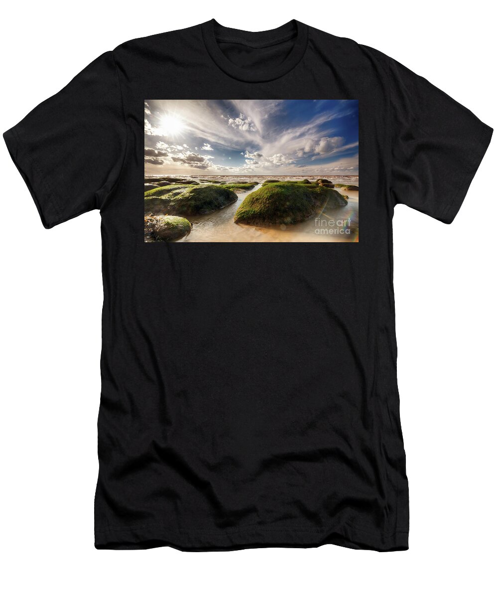 Sand T-Shirt featuring the photograph Beautiful seaweed rock outcrops on Norfolk coast by Simon Bratt